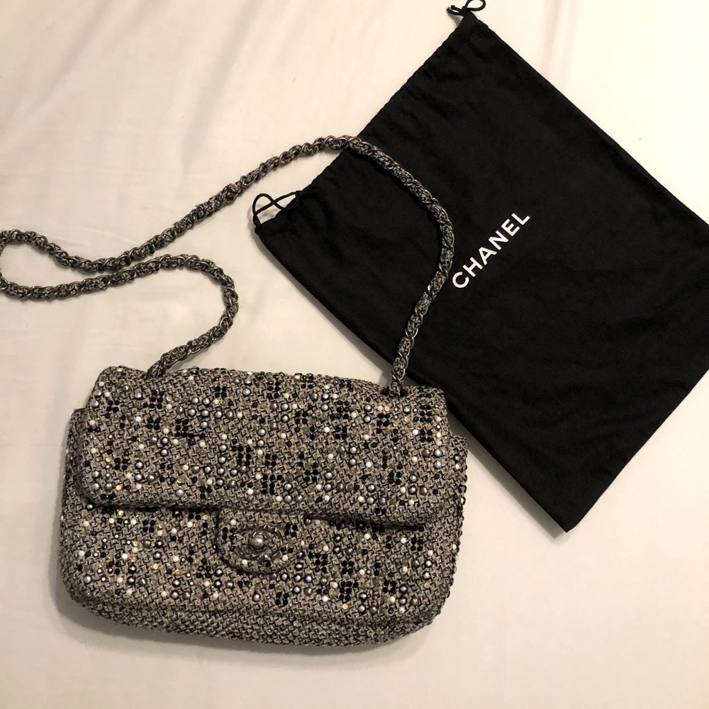 Chanel crystal tweed fantasy bag medium flap purse